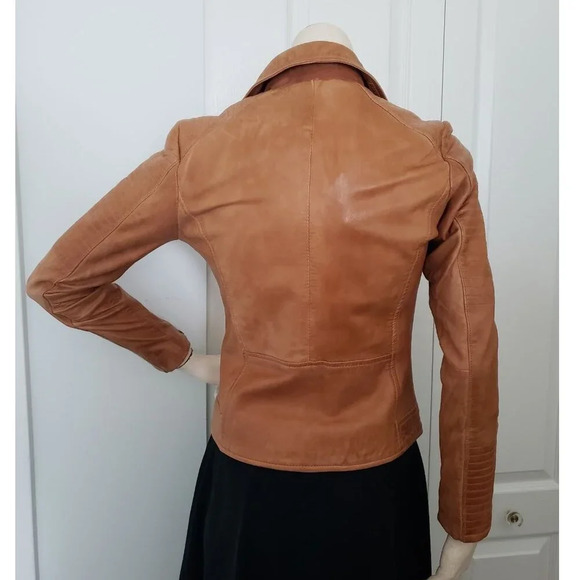 BNWT Stradivarius  Sheep Leather Motorcycle style Fitted Brown Jacket Small - Picture 8 of 14